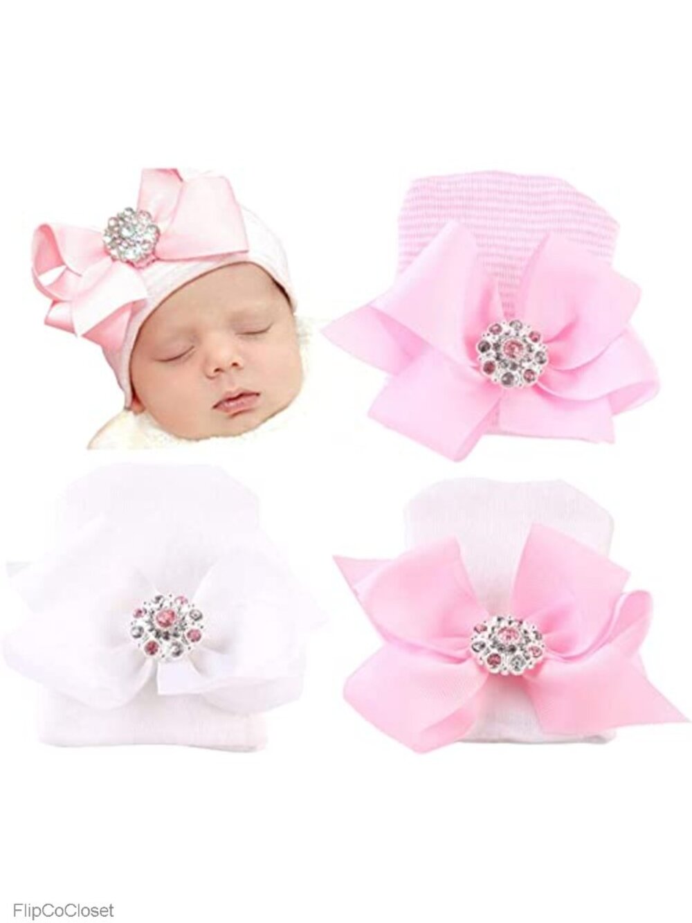 Newborn Hospital Hat with Bow Cotton Infant Baby Cap Soft Knit Beanie 0-3 Months